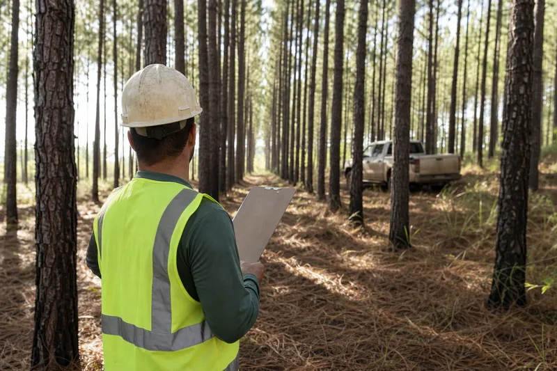 Trabalhador florestal entre fileiras de pinus com prancheta na mão