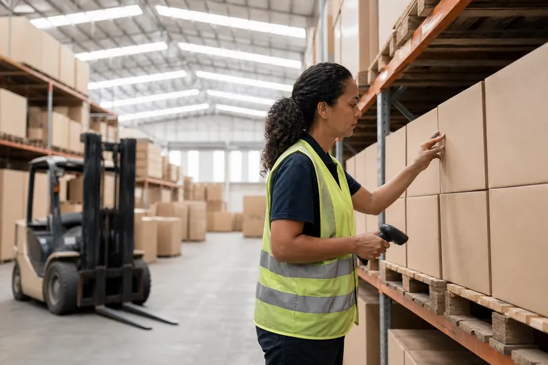 Conferente de colete refletivo checando caixas em porta-pallets de um galpão
