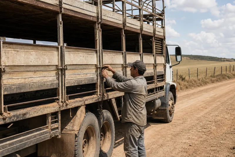 Motorista ajustando a grade lateral de um caminhão boiadeiro em estrada de terra