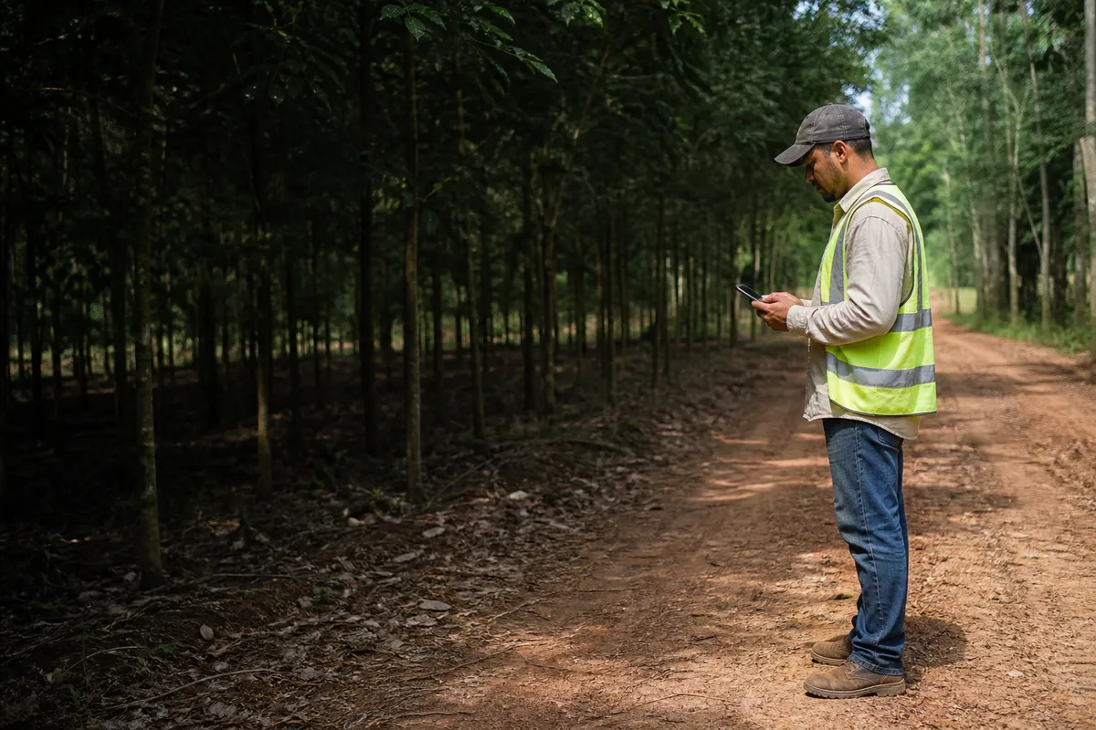 Encarregado de campo conferindo o celular numa estrada de terra dentro de um plantio